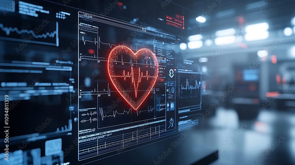 Poster Glowing heart shaped electrocardiogram ECG graphic displayed in a sleek modern and futuristic dark environment representing the intersection of technology medicine and dynamic design