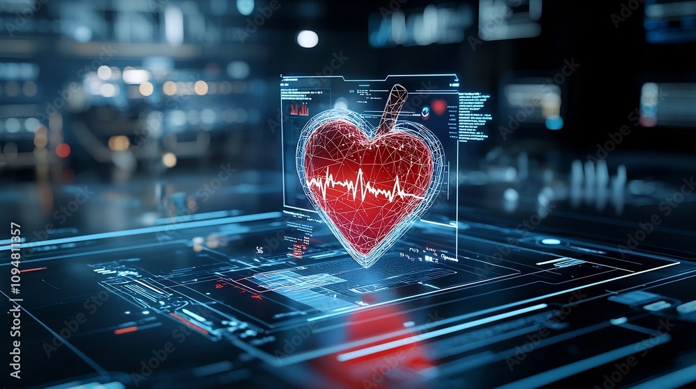 Leinwandbilder A futuristic minimalist showcasing a glowing heart shape with a seamlessly integrated ECG line displayed in a dark atmospheric environment with a sleek modern aesthetic