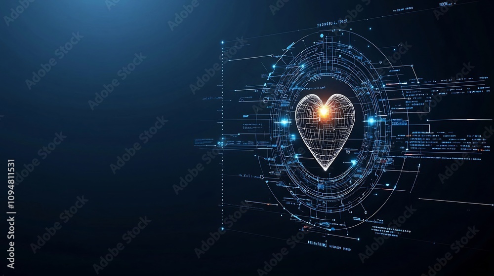 Poster glowing heart emitting rhythmic light waves connected to an electrocardiogram pattern set against a 