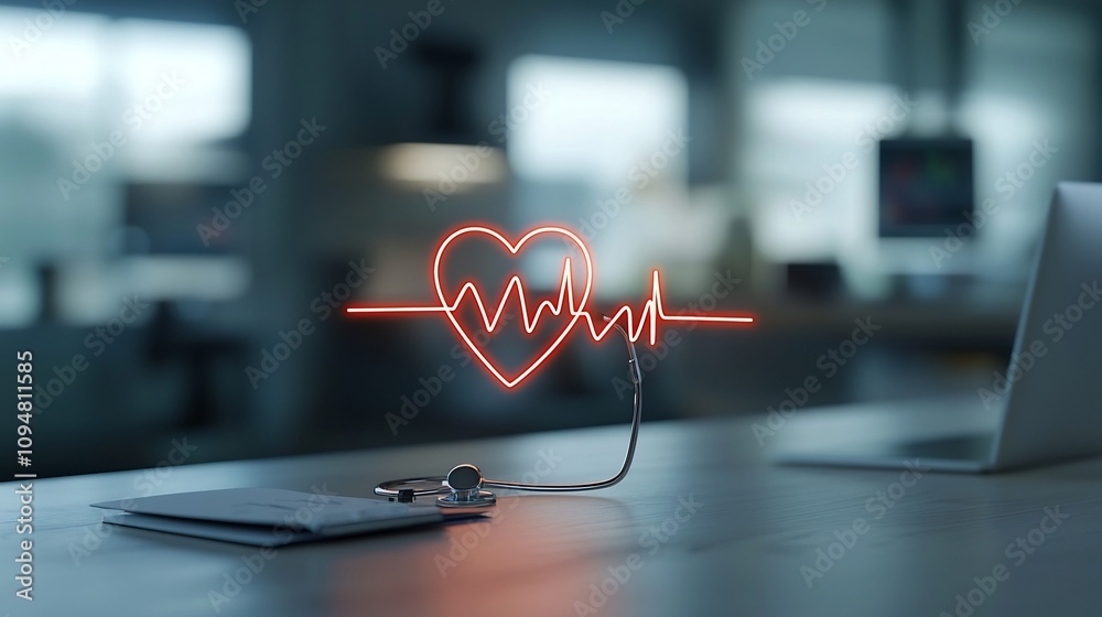 Poster Glowing heart shape emitting rhythmic pulsing light waves connected to an electrocardiogram pattern set against a smooth dark background highlighting the concept of energy
