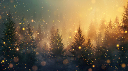Christmas background with fir trees and twinkling lights, creating a magical holiday atmosphere