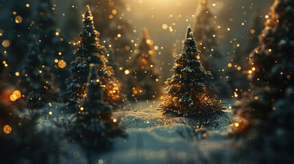 Christmas background with fir trees and twinkling lights, creating a magical holiday atmosphere