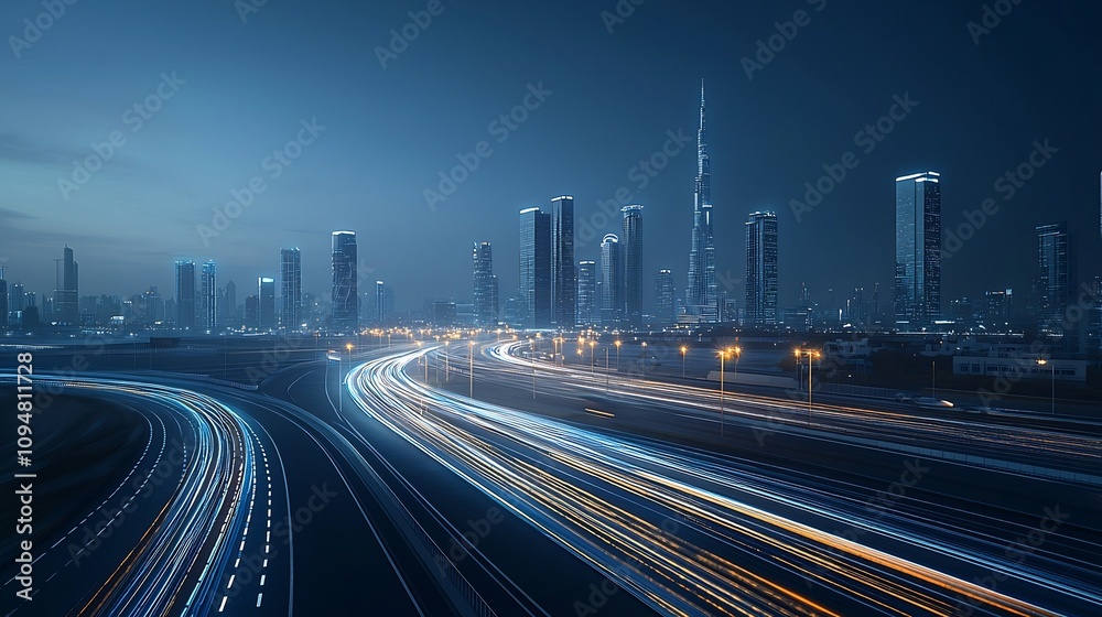 Poster futuristic smart city design featuring advanced skyscrapers and digital inspired light trails that f