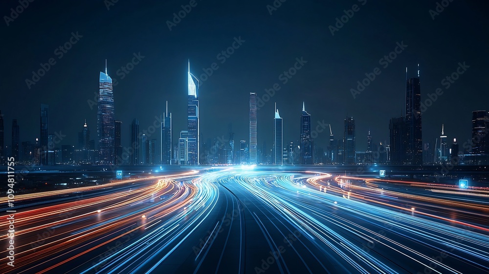 Poster futuristic smart city design with advanced skyscrapers and a connected network of digital inspired l