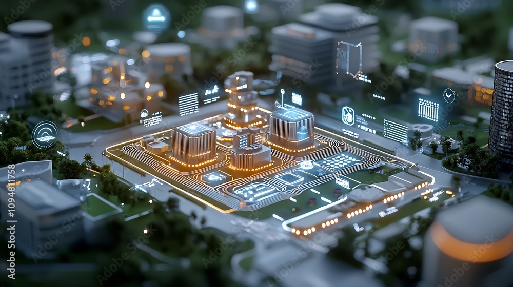 Poster Futuristic urban planning showcasing eco friendly smart city architecture illuminated with glowing light patterns resembling interconnected circuits featuring a distributed light node network