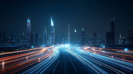 Futuristic smart city design with advanced skyscrapers and a connected network of digital inspired light trails promoting sustainability and urban innovation