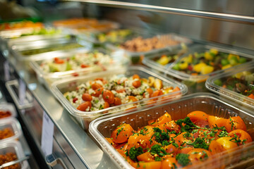 Obraz premium Vibrant College Canteen and Professional Kitchen Setup for School and University Dining cooking place, Generative AI