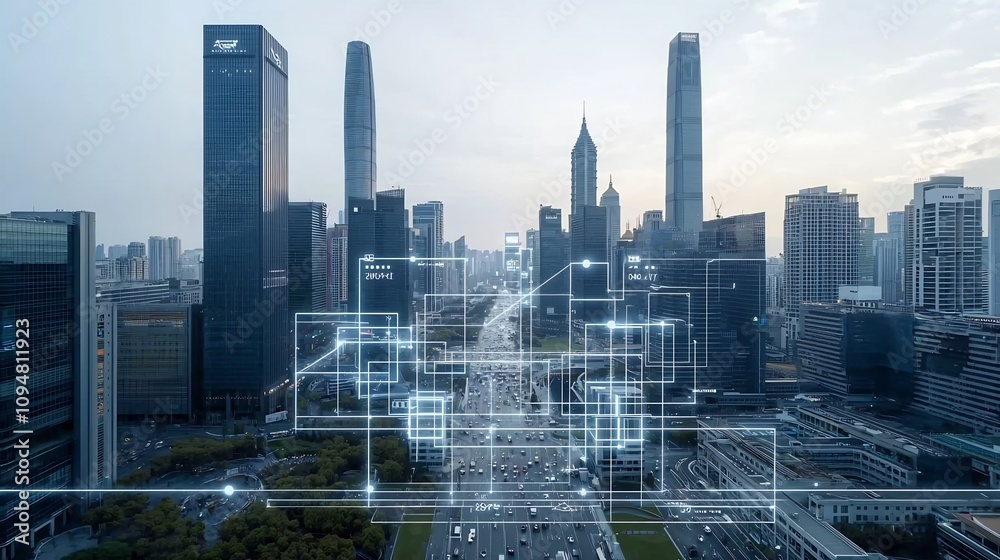 Poster a high tech urban landscape featuring futuristic city structures seamlessly integrated with circuit 