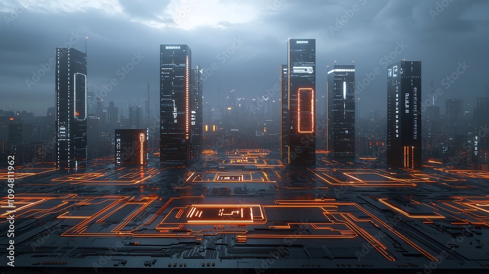 Poster a visionary depiction of a futuristic urban landscape where cutting edge architecture and circuit in