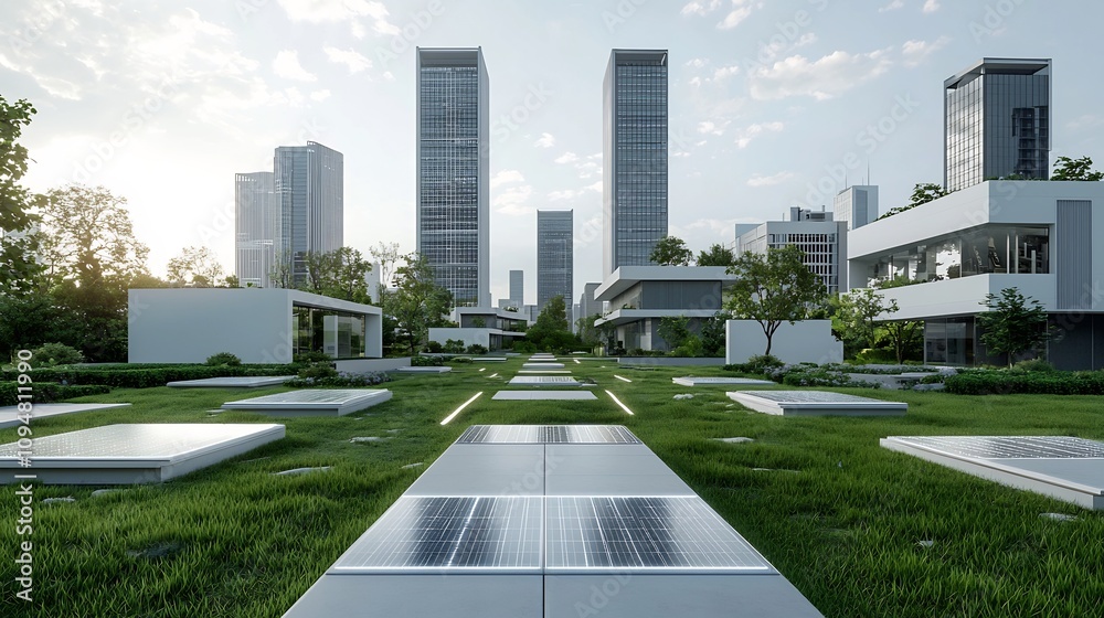 Poster futuristic eco city featuring modern sustainable buildings with glowing digital pathways symbolizing