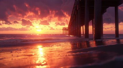 Fiery Sunset Pier: A breathtaking sunset paints the sky in vibrant hues of orange and purple,...