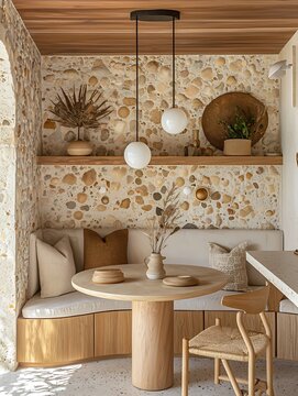 Modern minimalist breakfast nook with built-in banquette seating and pebble stone wall.
