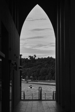 Brunei River with famous A jetty boat  taken under the famous ripas Bridge, Black and white 
