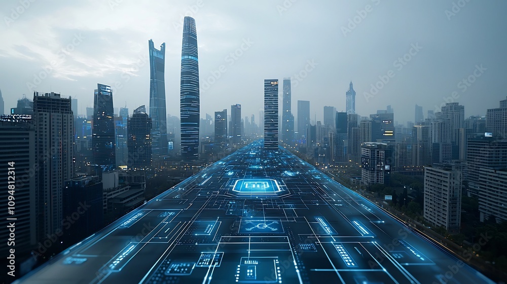 Aufkleber futuristic eco city featuring modern sustainable buildings with glowing digital pathways symbolizing