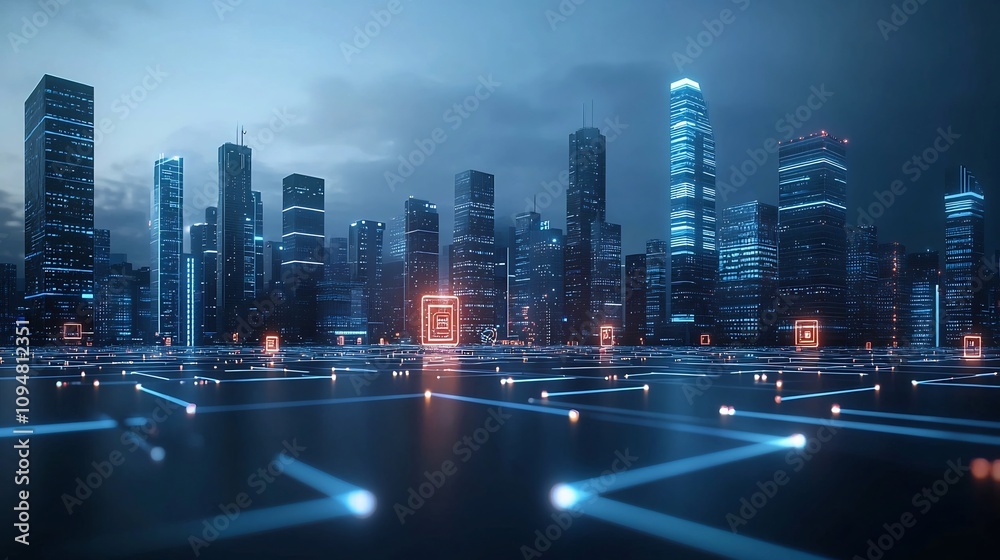 Poster A visionary depiction of a futuristic smart city skyline featuring sustainable high tech buildings interwoven with glowing circuit light networks symbolizing advanced connectivity innovation