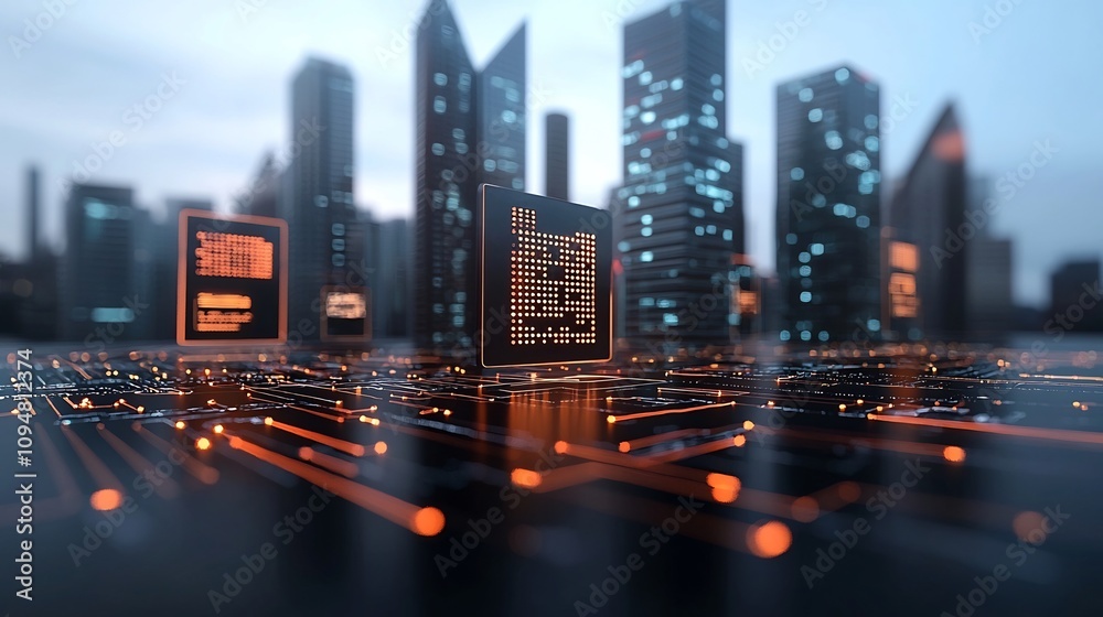 Leinwandbilder Visionary smart city displaying a futuristic skyline of sustainable buildings interwoven with glowing circuit light networks symbolizing advanced connectivity and a digital future