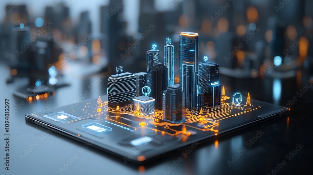 Aufkleber Futuristic skyline of a visionary smart city showcasing sustainable buildings interwoven with glowing circuit light networks symbolizing advanced connectivity and technological innovation