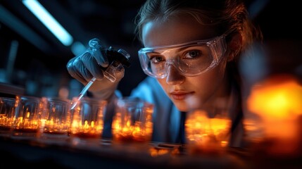 Young scientist conducting experiments in a laboratory with glowing liquids at night