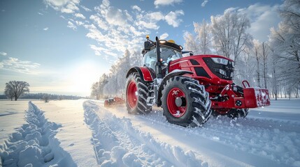 Red tractor clearing snow on a snowy field, winter landscape.