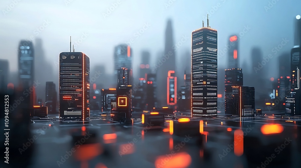 Poster Conceptual futuristic urban landscape with interconnected city structures displaying striking circuit like lighting patterns