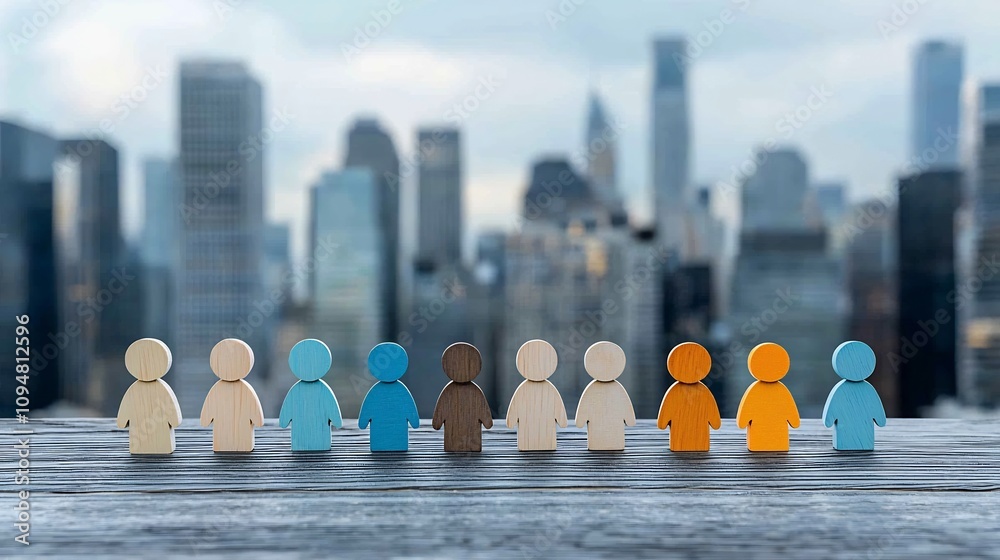 Poster Illuminated wooden figurines strategically lined up atop modern skyscrapers symbolizing the importance of workplace unity and diversity in building a strong and successful team
