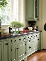 Sage Green Kitchen Cabinets With Dark Hardware And Granite Countertop