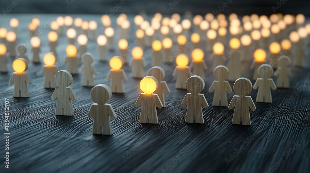 Aufkleber glowing wooden figures arranged in orderly rows on top of modern urban buildings symbolizing the con
