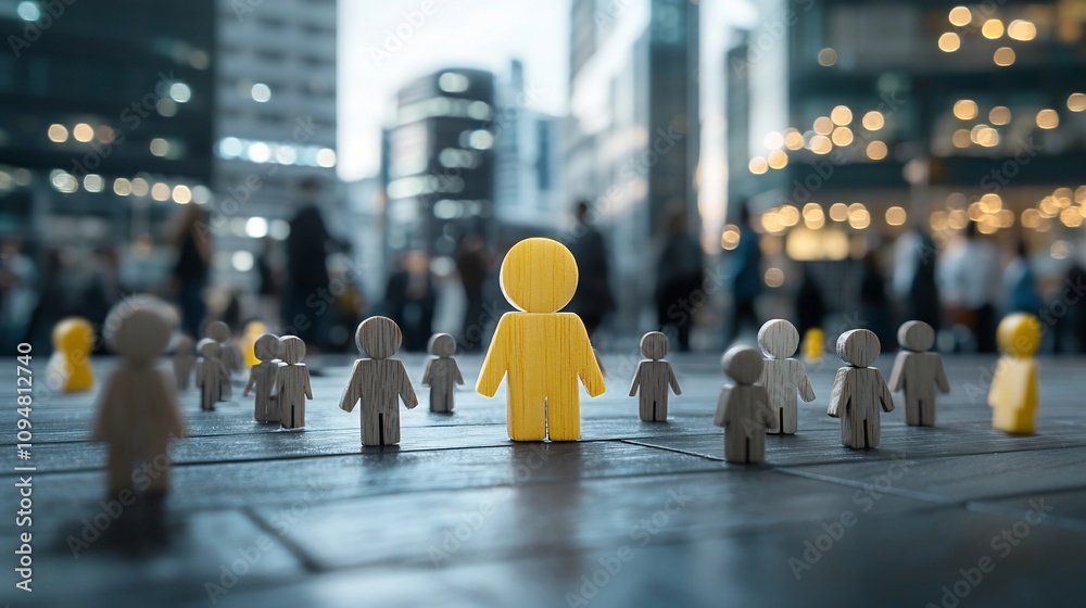 Aufkleber Glowing wooden figures arranged in rows on top of modern buildings symbolizing unity diversity and inclusion within the modern workplace  The conceptual image represents the growth of an organization