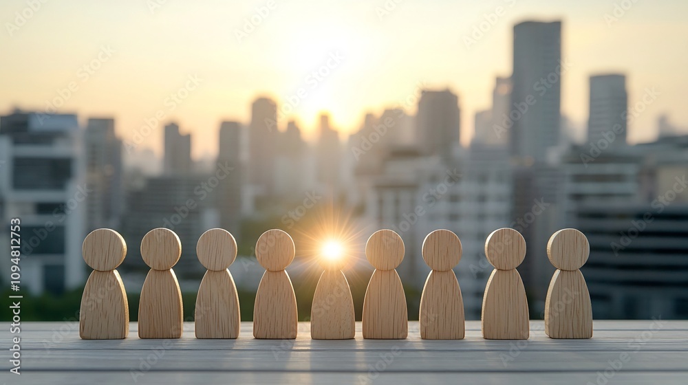 Poster a symbolic image depicting a diverse group of silhouetted wooden figures standing united on rooftops