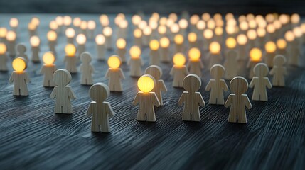 Glowing wooden figures arranged in orderly rows on top of modern urban buildings symbolizing the concepts of unity diversity teamwork and inclusion within the corporate or professional workspace
