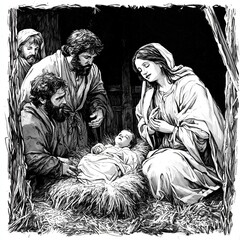 A striking black and white illustration of the Nativity, featuring Mary and Joseph gazing at baby Jesus in a barn, with curious and reverent shepherds nearby.

