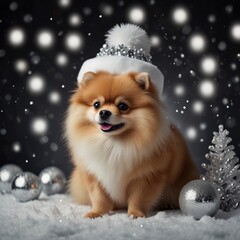 Obraz premium A fluffy pomeranian dog sits on a snowy surface, wearing a sparkling hat. Snowflakes fall gently around it, creating a festive winter atmosphere perfect for celebrations
