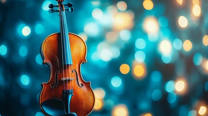 Classical Violin on a Blurred Background with Festive, Golden Bokeh for Music, Performance Themes