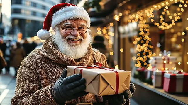 Santa Claus waving farewell with a gift box in hand