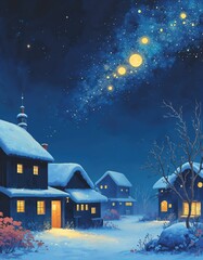 Fototapeta premium Illustration of Winter Merry Christmas Tress and Home