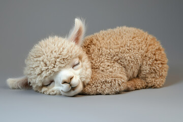 Sleepy baby alpaca with half closed eyes, resting peacefully on soft surface. This adorable creature exudes sense of calm and tranquility, perfect for animal lovers