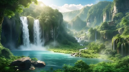 Fototapeta premium An enchanting waterfall flowing down a multi-tiered rocky formation, nestled in a deep valley with dense tropical greenery and a tranquil river extending into the horizon --ar 3:2 --v 4