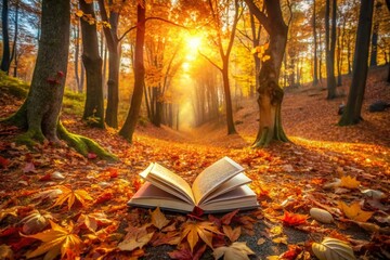 Aerial View of an Open Book Surrounded by Vibrant Autumn Leaves in a Serene Forest, Capturing the Enchantment of Reading and Imagination in Nature's Embrace