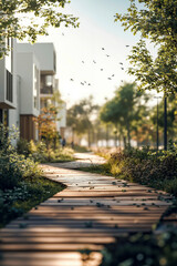 A wooden walkway in the middle of a park with birds flying overhead