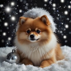 Obraz premium A fluffy pomeranian dog sits on a snowy surface, wearing a sparkling hat. Snowflakes fall gently around it, creating a festive winter atmosphere perfect for celebrations