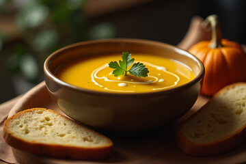 Hot pumpkin soup puree with cream in a tureen with slices of bread on the kitchen table.