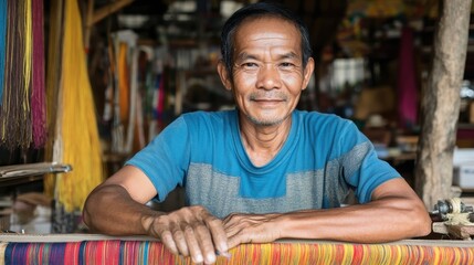 Obraz premium Filipino artisan weaves colorful threads with vibrant textiles in the background