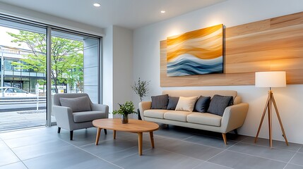 The modern smart home features sleek light furniture and a stylish grey floor, creating a minimalist and sophisticated living space.