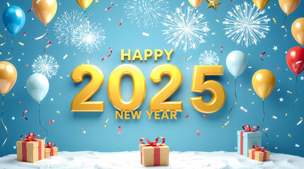 Happy New Year 2025 Template with Balloons, Confetti, Fireworks, Ribbon, Gifts, Snow, & Festive Winter Decorations. 
Creative elegant New Year Greeting Card, Banner, Background 3D Design Holiday style
