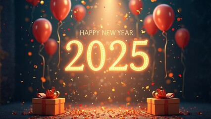 Happy New Year 2025 Template with Balloons, Confetti, Fireworks, Ribbon, Gifts, & Festive Decorations.
Creative elegant New Year Greeting Card, Banner, Background 3D Illustration in Holiday style