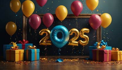 Happy New Year 2025 Template with Balloons, Confetti, Fireworks, Ribbon, Gifts, & Festive Decorations.
Creative elegant New Year Greeting Card, Banner, Background 3D Illustration in Holiday style