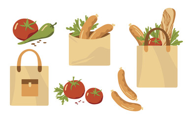 Eco-friendly grocery scene with vegetables, bread, sausages, and reusable bags