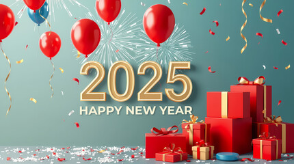 Happy New Year 2025 Template with Balloons, Confetti, Fireworks, Ribbon, Gifts, & Festive Decorations.
Creative elegant New Year Greeting Card, Banner, Background 3D Illustration in Holiday style