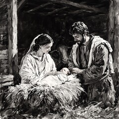 A striking black and white illustration of the Nativity, featuring Mary and Joseph gazing at baby Jesus in a barn, with curious and reverent shepherds nearby.

