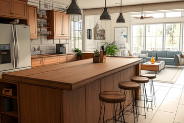 Home house apartment design sketch contemporary luxurious cozy modern wooden kitchen living room area construction interior architect drawing furniture